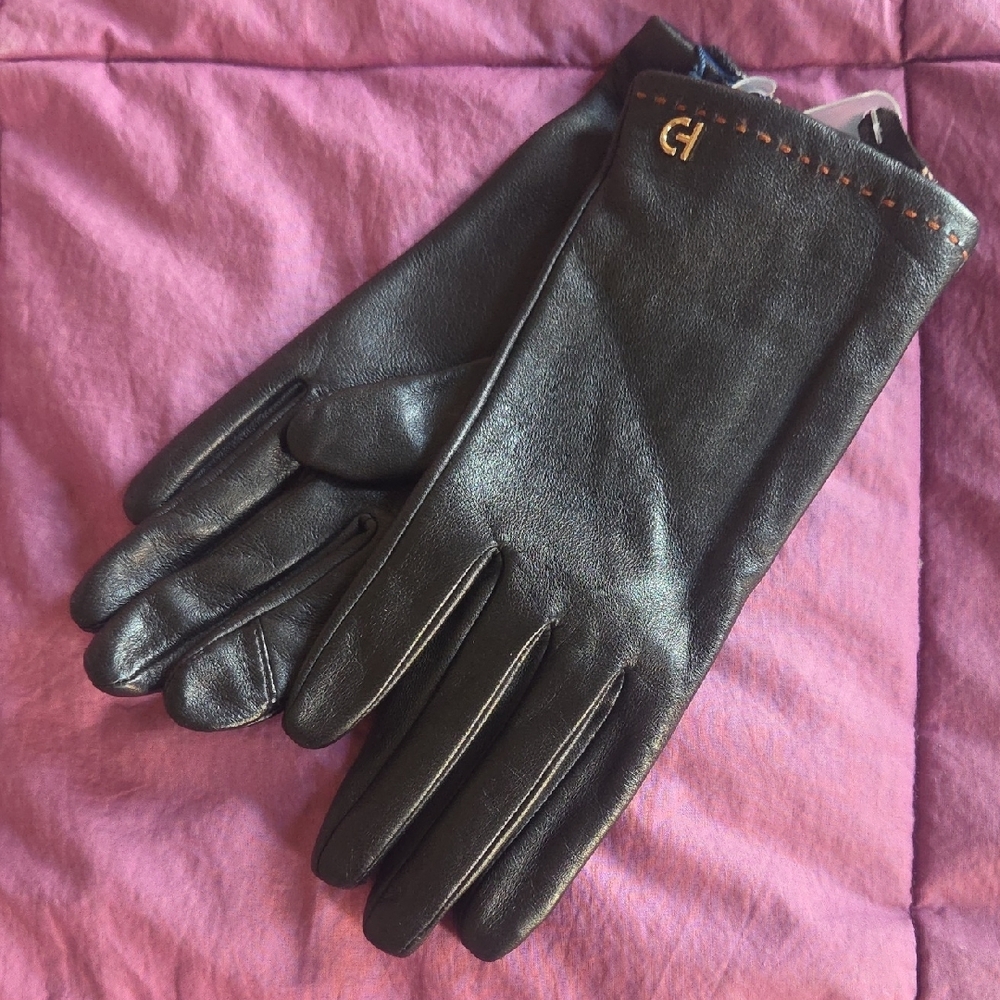 Soft Black Leather Cole Haan Touchscreen Gloves With 100% Silk Lining Size L NWT - Picture 1 of 12